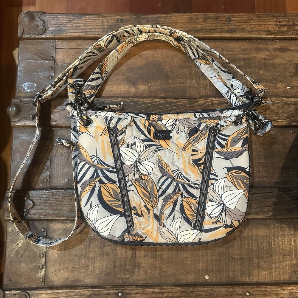 LUG SWIVEL Lily Grey Floral Convertible Crossbody Shoulder Expandable Bag EUC